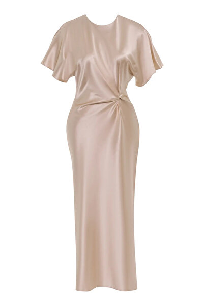 Keikei Bej Saten Kısa Kol Uzun Elbise