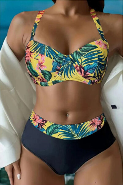 embody Costum de baie din 2 piese, slip clasic, mărime mare, imprimeu floral galben