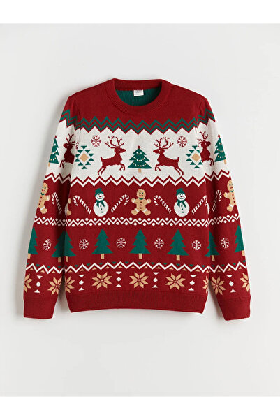 LC Waikiki LCW Kids Red Crew Decolteu cu tematică de Anul Nou Tricoturi Pulover pentru băieți