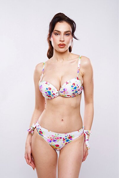 embody 2 piece swimsuit, with brooch appliqué, white, adjustable bottom, Glow