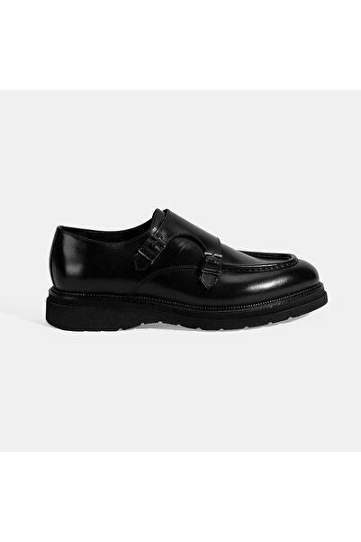 Desa Men's Black Leather Classic Shoes with Metal Buckle Detail