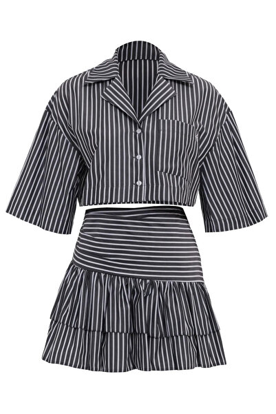 Keikei Siyah Poplin Kısa Kol Kısa Elbise