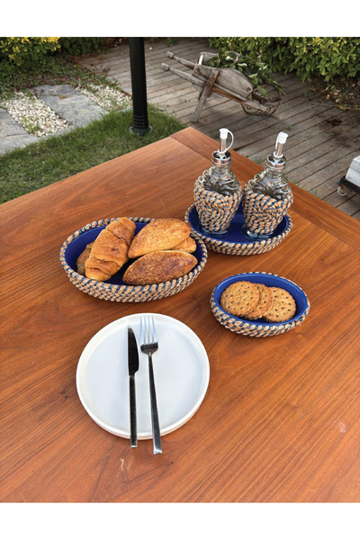 Home Inn Home Textile Hasır Görünümlü Leke Tutmaz 5’li Sofra Seti – Yağlık & Sirkelik Dahil El Yapımı Sunum Takımı
