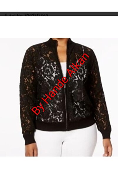 By Hande Alkan Γυναικείο μαύρο μπουφάν με δαντέλα μεγάλου μεγέθους