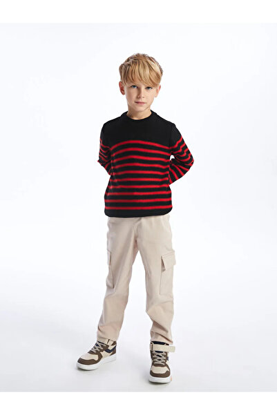 LC Waikiki LCW Kids Pulover tricotat pentru băieți, roșu, cu guler rotund dungi, cu mânecă lungă