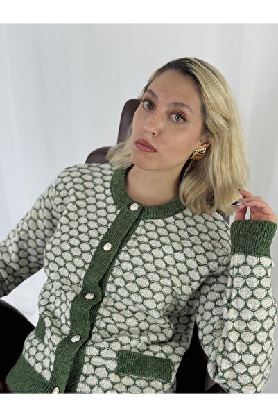 Retrobird Light Glittery Retro Style Front Button Cardigan Women's Green