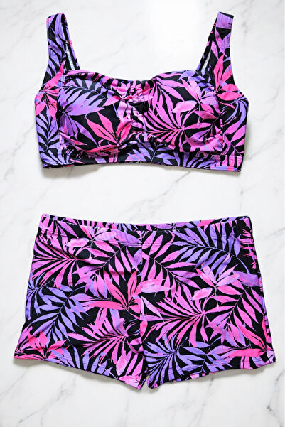 embody 2 piece swimsuit, large size, with shorts, bustier bra, Purple, Palms 5006