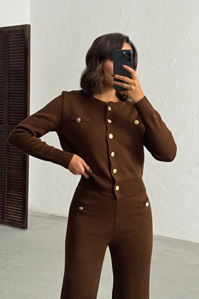 Lusin Női barna kardigán nadrág alsó felső kétrészes kötöttáru szett