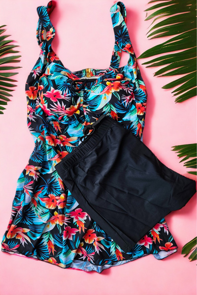 embody Plus size tankini swimsuit, two-piece, dress and shorts, multicoloured, Exotic 2421