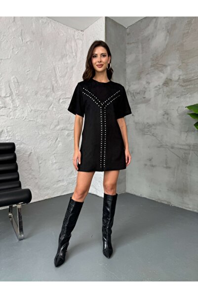 Elif Özbey Butik Siyah Zr Model Zımba Detaylı Süet Elbise