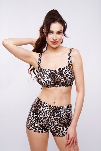 embody Plus size brown swimsuit with shorts and animal print, Cappucino