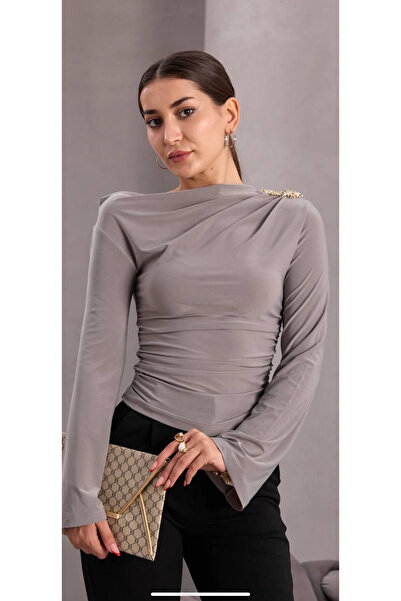 mor butik Women's Stone Sun Button Accessory Bluse