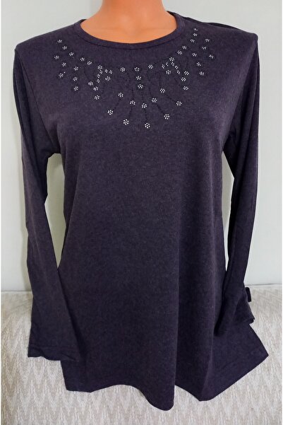 Anne Er Clothing Winter Cotton Combed Blouse Long Sleeve Crew Neck Stone Purple