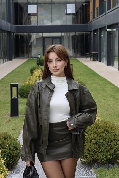 BAŞARAN Δερμάτινη φούστα χακί