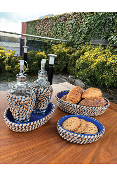 Home Inn Home Textile Hasır Görünümlü Leke Tutmaz 5’li Sofra Seti – Yağlık & Sirkelik Dahil El Yapımı Sunum Takımı