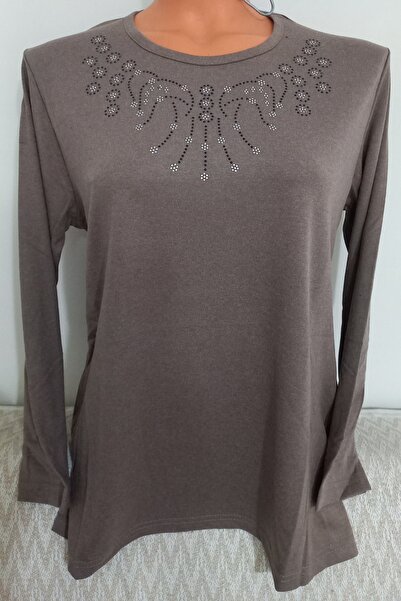 Anne Er Clothing Winter Cotton Combed Cotton Blouse Long Sleeve Crew Neck Stone Beige