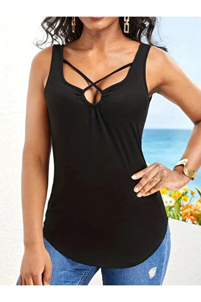 gl00my Women's Front Cross Detail Stripe Strap Viscose Blouse