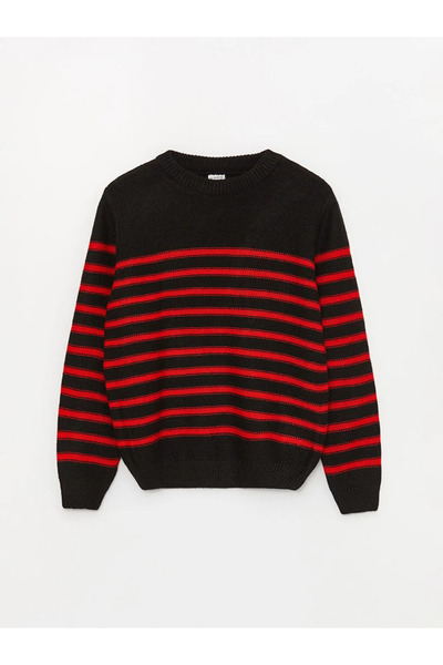 LC Waikiki LCW Kids Pulover tricotat pentru băieți, roșu, cu guler rotund dungi, cu mânecă lungă