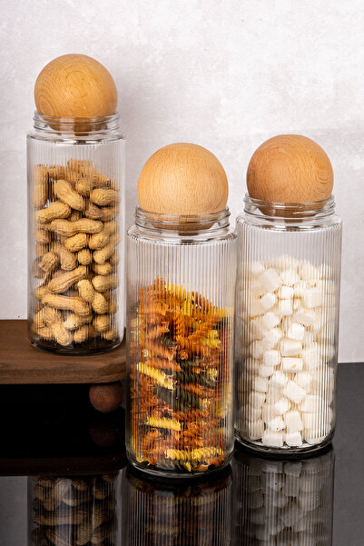 dnshome 3 Adet Cam Kavanoz Seti 1500 ml Modern Ahşap Top Kapaklı Saklama Kava...