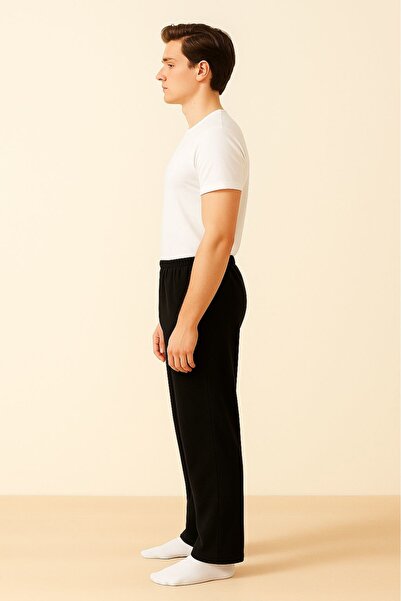 LinaByUgurr Black Fleece Pajama Bottoms Men's Thick Winter Anti-Pilling Pocketless Elastic Warm Soft and Comfortable Pajamas