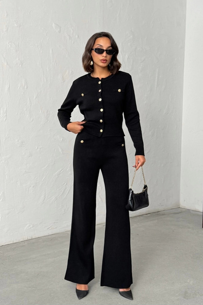 Lusin Women's Black Cardigan Pants Bottom Top Two-Piece Knitwear Set