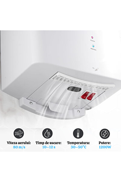 modundry Uscător de mâini electric, cu senzor infraroșu automat, montare pe perete, 1200W, aer cald/rece, ABS