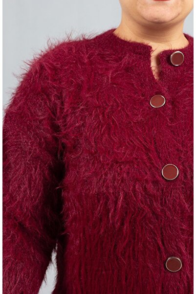 Truva XXL Burgundy Bearded Knitwear Cardigan – Soft Textured Women's Cardigan