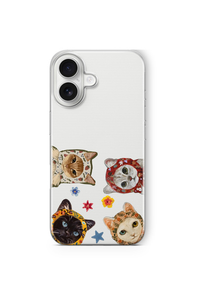 FLAMENKO iPhone 16 Sevimli Kediler Desenli Şeffaf Telefon Kılıfı