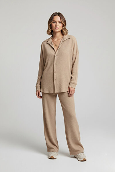 MetuCA Γυναικείο μπεζ βαμβακερό κοστούμι πουκάμισο και παντελόνι με φαρδιά πό...