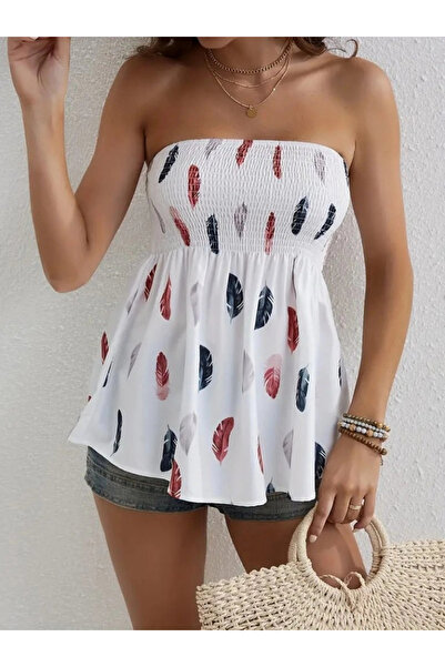 buğrahayalin    Women's Leaf Patterned Mosskrept Strapless Blouse with Chest