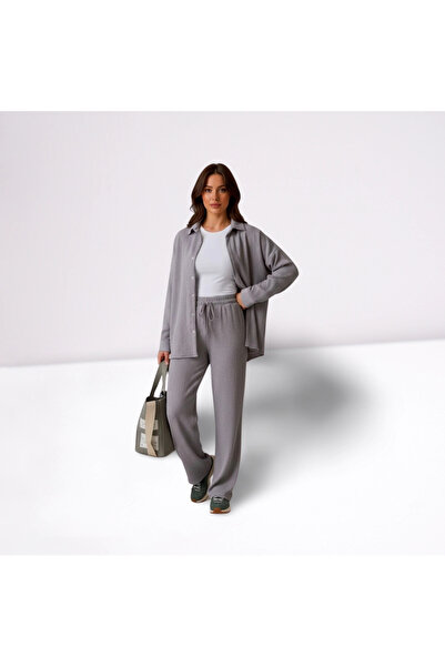 MetuCA Women's Gray Cotton Wrinkle Suit Shirt and Wide-Leg Pants with Elastic...