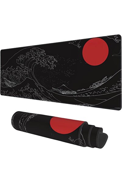 Other KOAIWPAE Large Gaming Mouse Pad - Japanese Black Wavy & Red Sun Pattern, XL 31.5×11.8 in, Non-slip