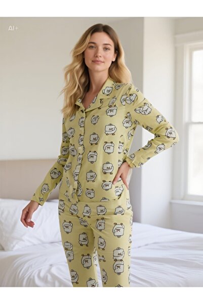 AYLEVA Kadın Sarı Civciv Önden Düğmeli Gömlek Yaka Uzun Kol Pijama Takımı