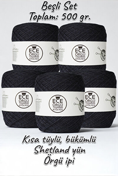 Ece Örgü Tasarım Atölyesi Çok koyu lacivert renkli, bükümlü, kısa tüylü, %35 yün-%65 akrilik, shetland örgü ipi (500 gr.)