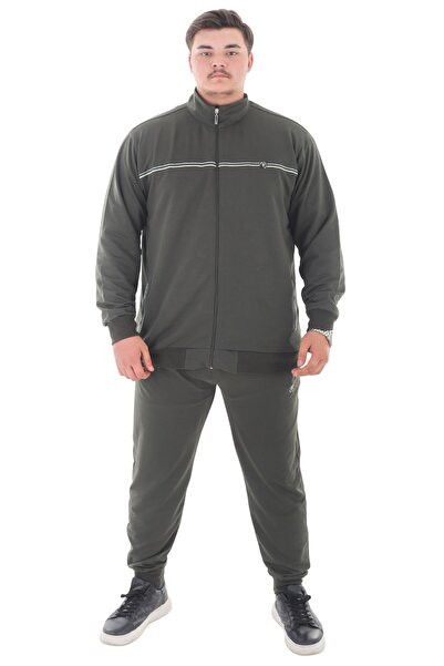 marufshop Men's Plus Size Suitable for up to 154 Kilos Size 2 Thread Stand Collar Zipper Tracksuit Set