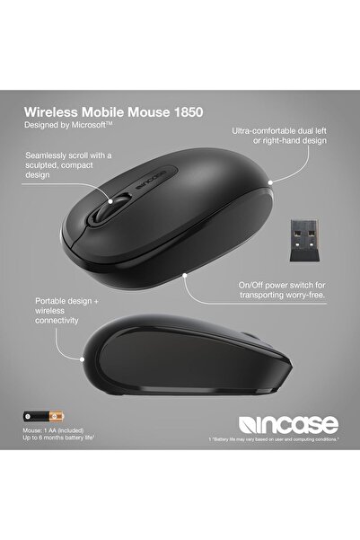 İncase Portable Wireless Mouse 1850 (Designed by Microsoft) — Ambidextrous, 6-Month Battery, Nano