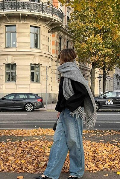 ALLURİNG Premium Unisex Buklet Soft Textured Tasseled Women's Scarf Shawl Shoulder Wrap Gray