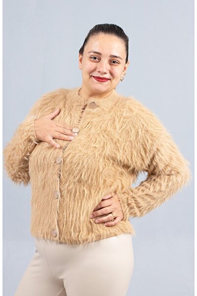 Truva XXL Camel Bearded Knitwear Cardigan – Soft Textured Women's Cardigan