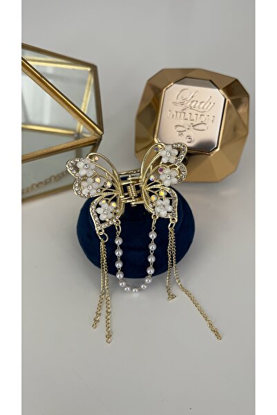 SU PERİSİ TAKI BİJUTERİ Gold White Daisy Detailed Pearl and Chain Dangle Clasp