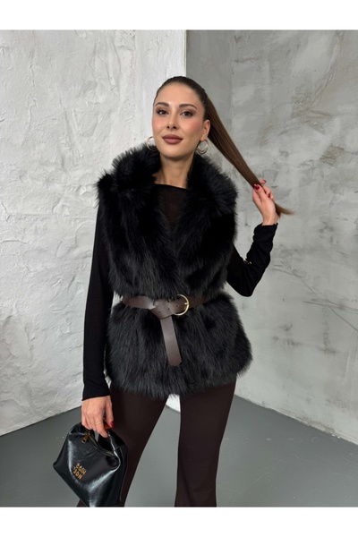 Elif Özbey Butik Black Belted Vest Fur