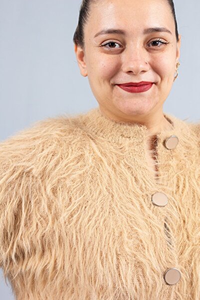 Truva XXL Camel Bearded Knitwear Cardigan – Soft Textured Women's Cardigan