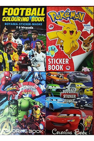 ada çanta kırtasiye 4 adet stickerli boyama kitabı (Pocemon/Futbol/arabalar/s...