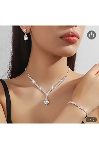 JUPİTER HOME Gümüş Kaplama Su Yolu Kolye Küpe Ve Bileklik Seti 3'lü Set Davet Düğün Nişan Abiye Yılbaşı