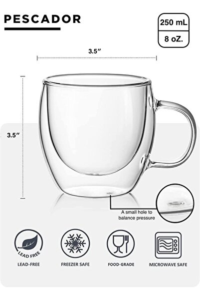 Pescador Double Wall Glass Tea Coffee Cups with Handle, Insulated Mugs, 250 ml, Set of 4