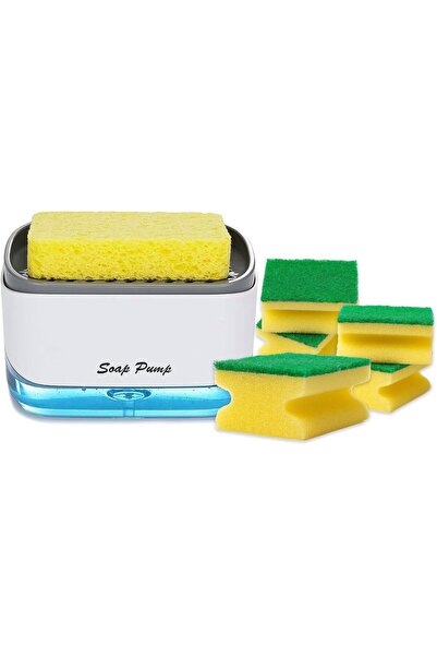 Pescador Kitchen Soap Pump Dispenser with Sponge Holder (White, Pump + 6 Sponges)