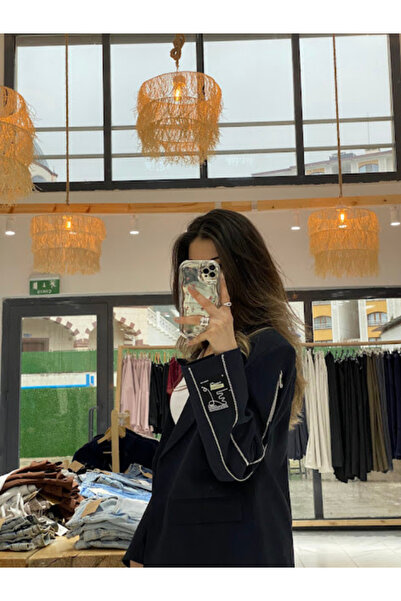 BellaVita Botuique Lacivert Yazı ve Fermuar Detaylı Blazer Ceket