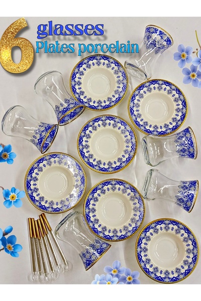 SAMSA Altın mavi desenli model porselen tabak cam bardak 6 kişilik çay seti