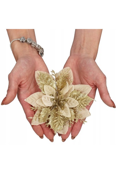 SERSIMO Set de 10 ornamente de Crăciun pentru brad, stea Poinsettia, 13 cm, crem auriu