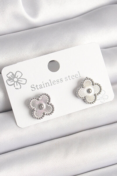 Skygo Brass Silver Color Embroidered Clover Model Women's Earrings - Tj-Bkp10358