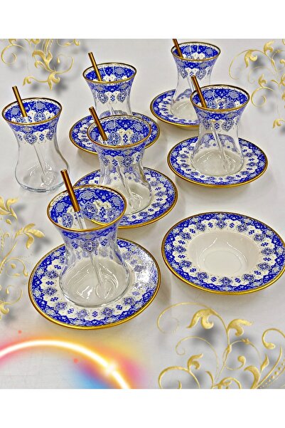 SAMSA Altın mavi desenli model porselen tabak cam bardak 6 kişilik çay seti
